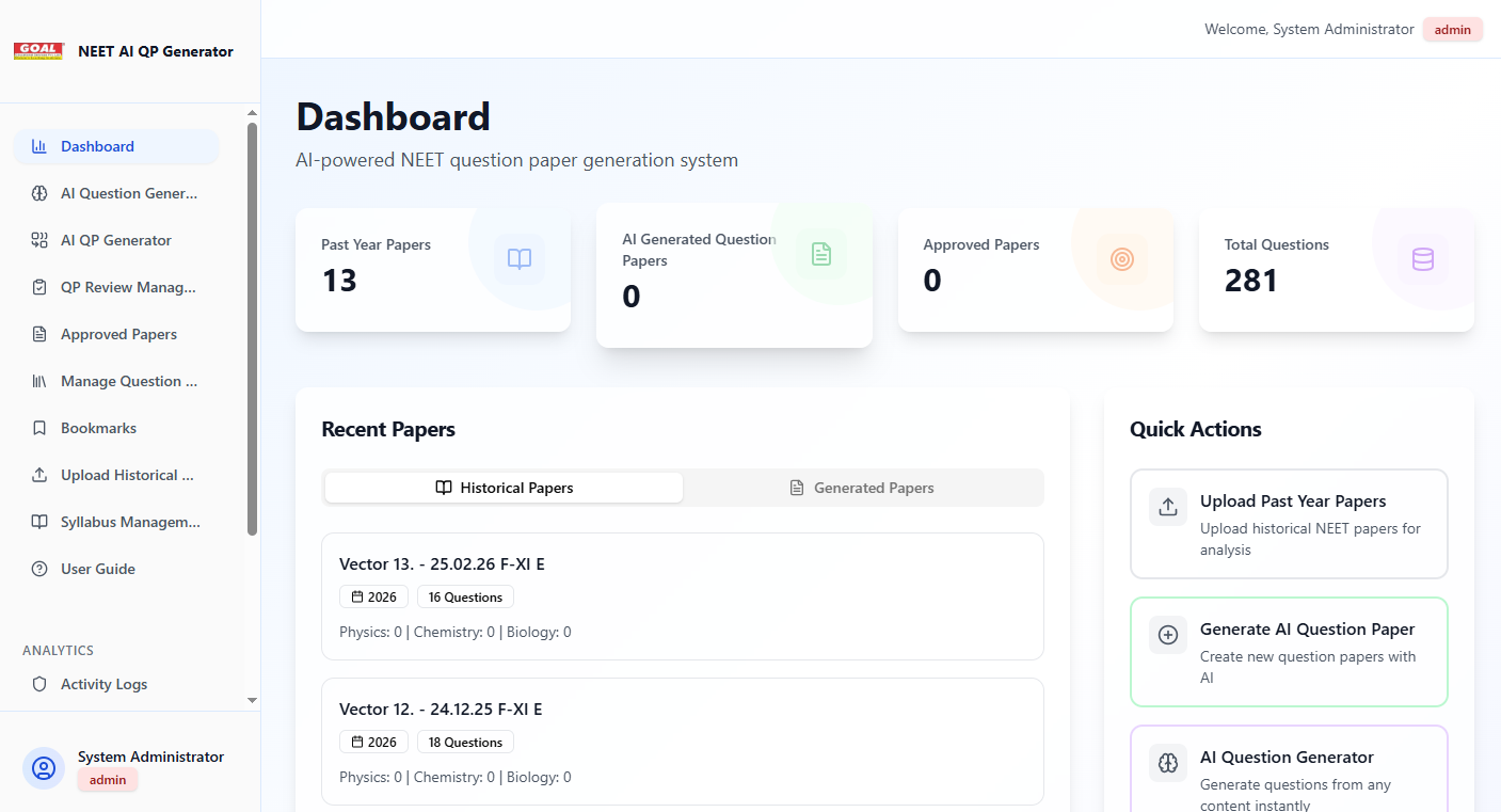 AI question paper generator dashboard